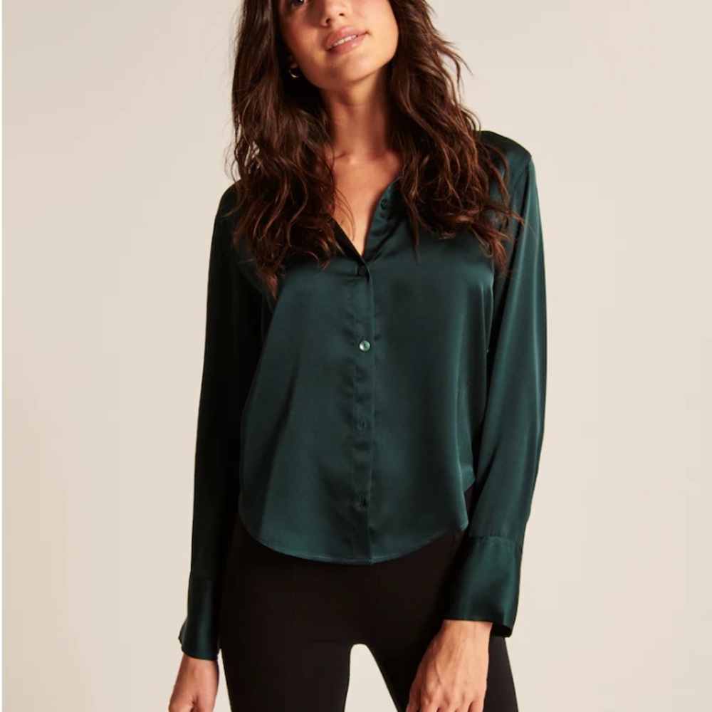 Abercrombie & Fitch Deep Green Satin Button-Down Top